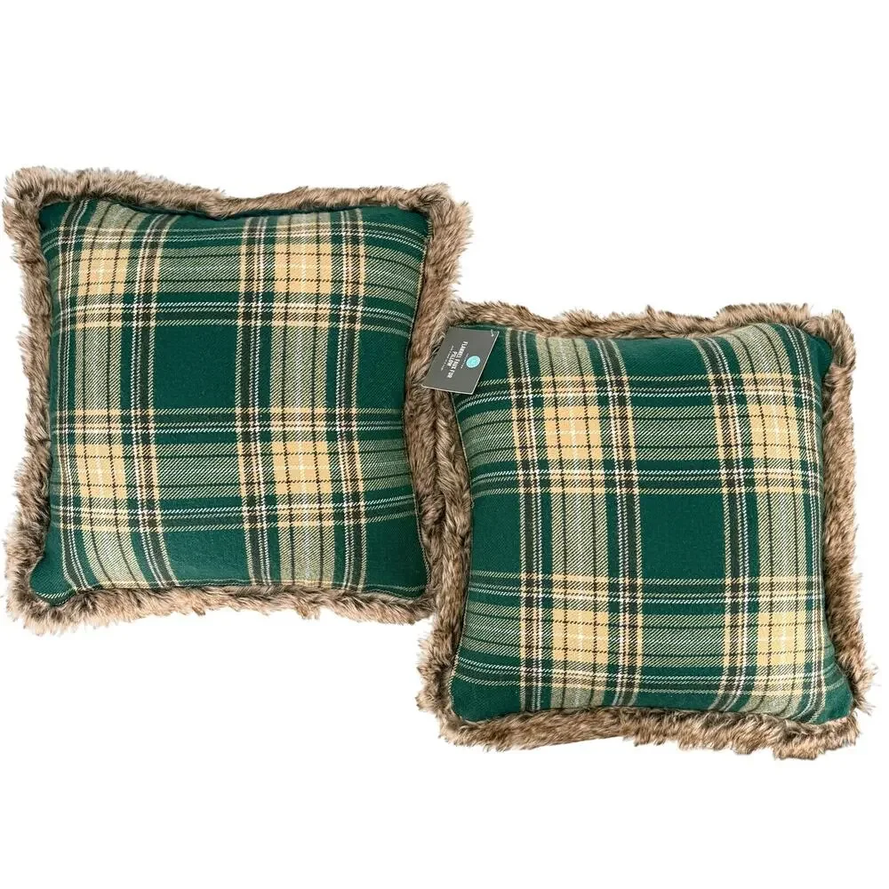 Martha Stewart 20x20 Green Plaid Flannel Faux Fur Decorative Throw Pillows Pair